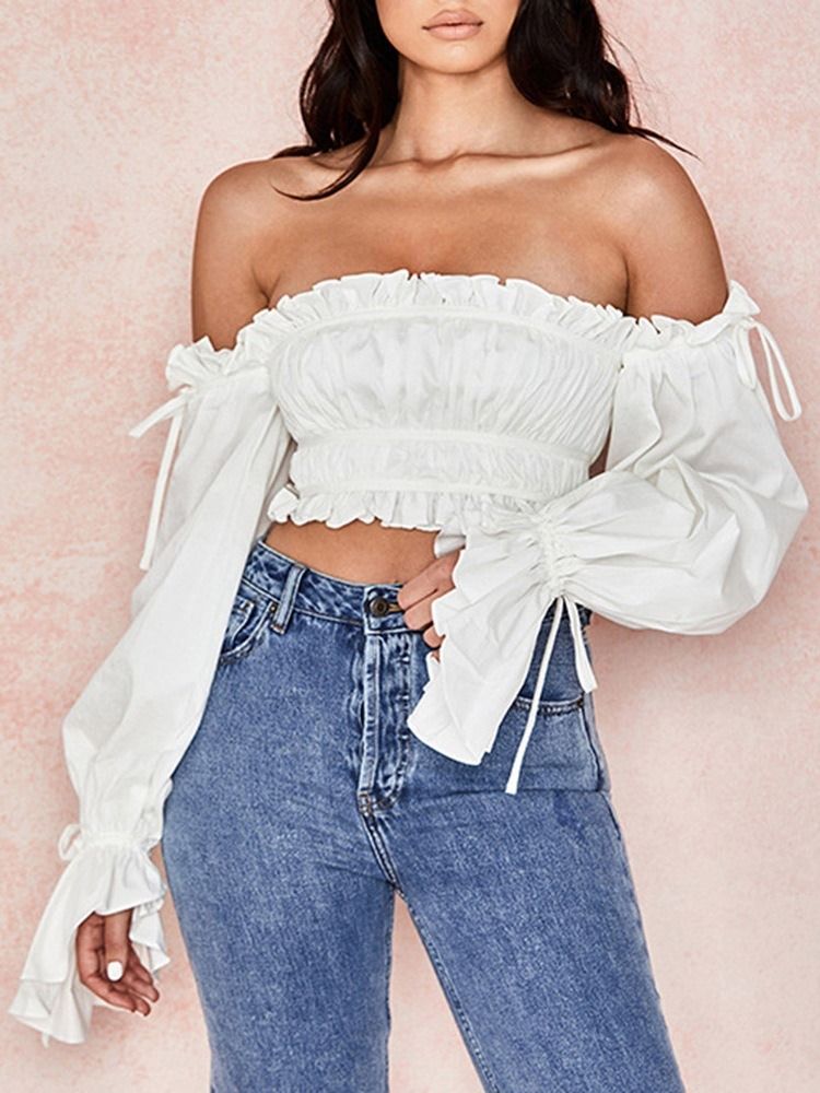 Blusa Branca Feminina De Renda Lisa Sem Ombro Curta Manga Comprida
