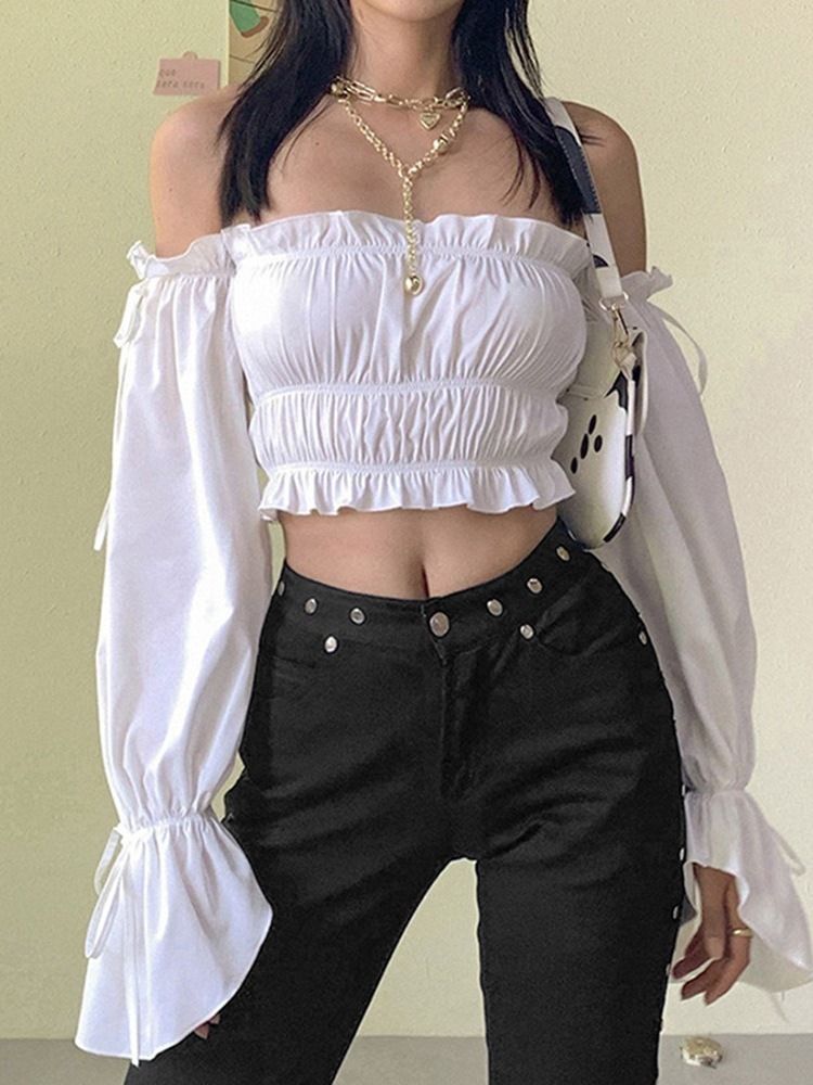 Blusa Branca Feminina De Renda Lisa Sem Ombro Curta Manga Comprida