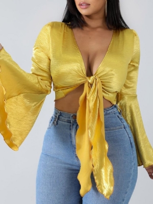 Blusa Feminina Com Decote Em V Larga Lisa Manga Comprida Curta