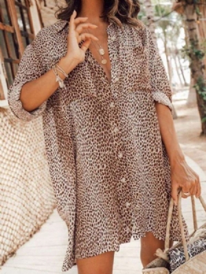Blusa Feminina Com Estampa De Lapela Leopardo Manga Comprida De Comprimento Médio