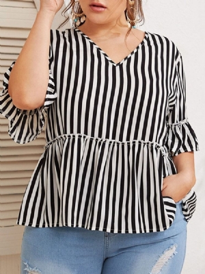 Blusa Feminina De Comprimento Médio Com Decote Em V Estampado Listra Meia Manga