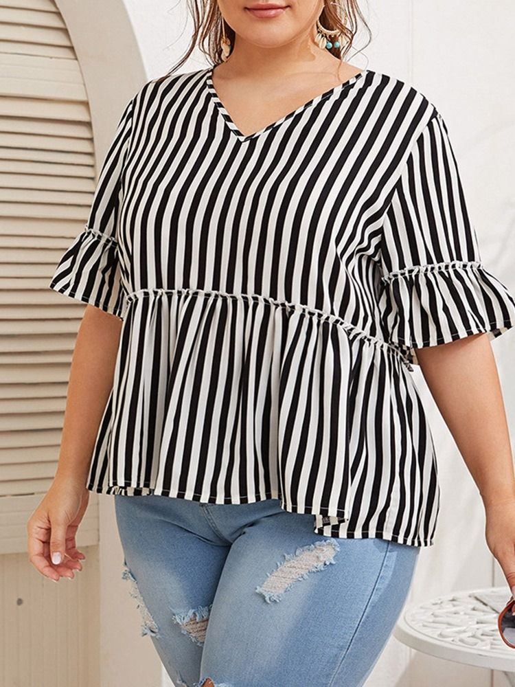 Blusa Feminina De Comprimento Médio Com Decote Em V Estampado Listra Meia Manga