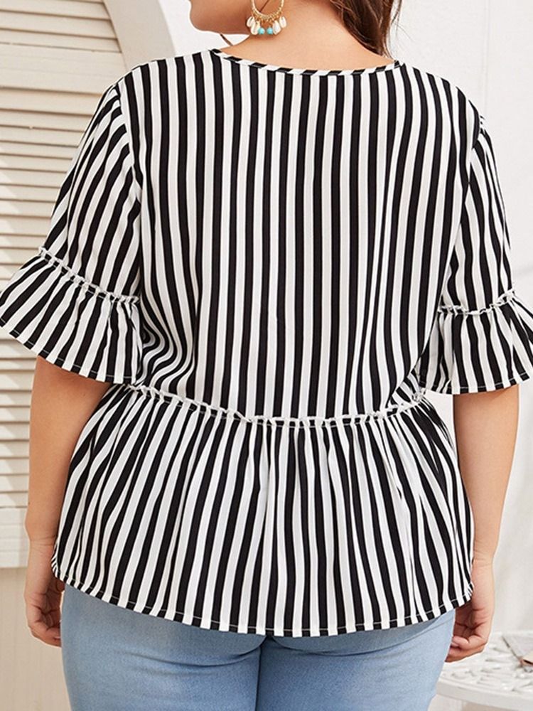 Blusa Feminina De Comprimento Médio Com Decote Em V Estampado Listra Meia Manga