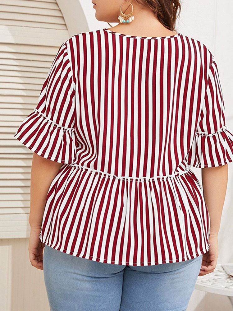 Blusa Feminina De Comprimento Médio Com Decote Em V Estampado Listra Meia Manga