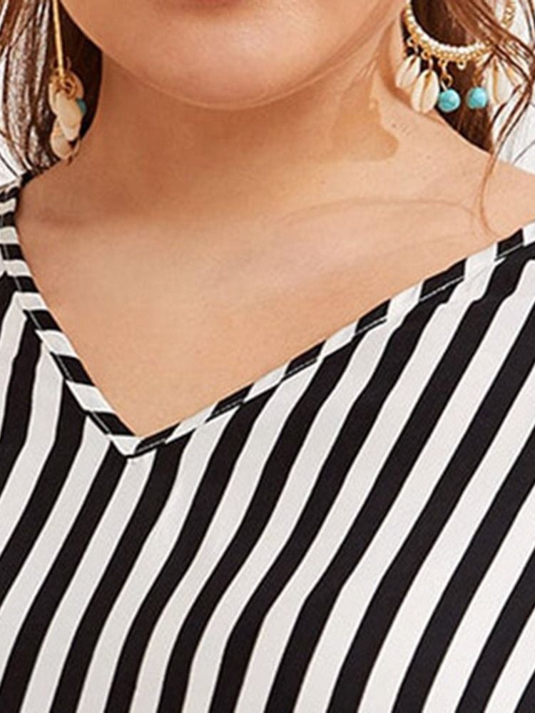 Blusa Feminina De Comprimento Médio Com Decote Em V Estampado Listra Meia Manga