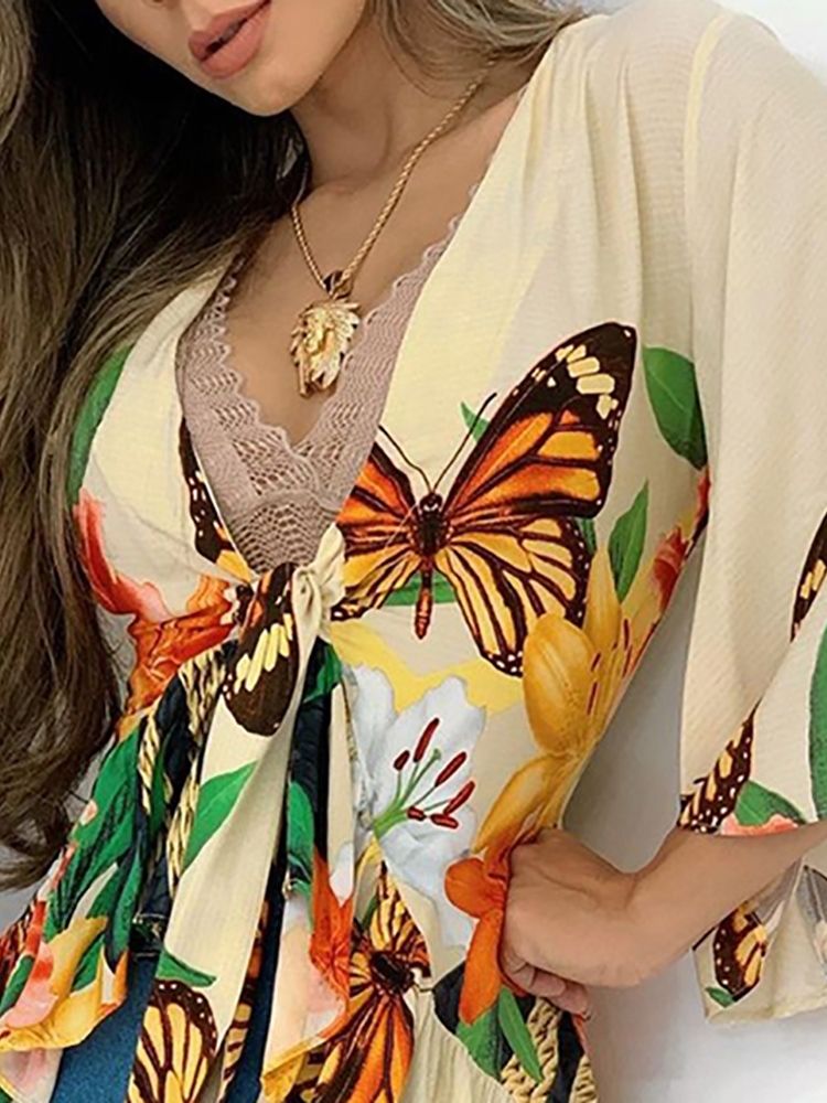 Blusa Feminina De Comprimento Médio Com Estampa Floral Decote Em V Manga De Nove Pontos