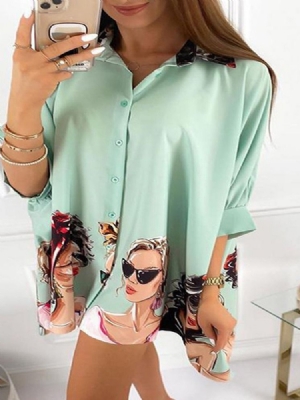 Blusa Feminina De Lapela Com Estampa De Desenho Animado Manga Três Quartos De Comprimento Médio