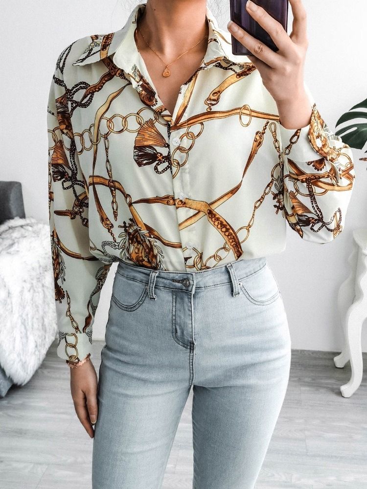 Blusa Feminina De Lapela Geométrica Regular De Manga Comprida De Comprimento Médio