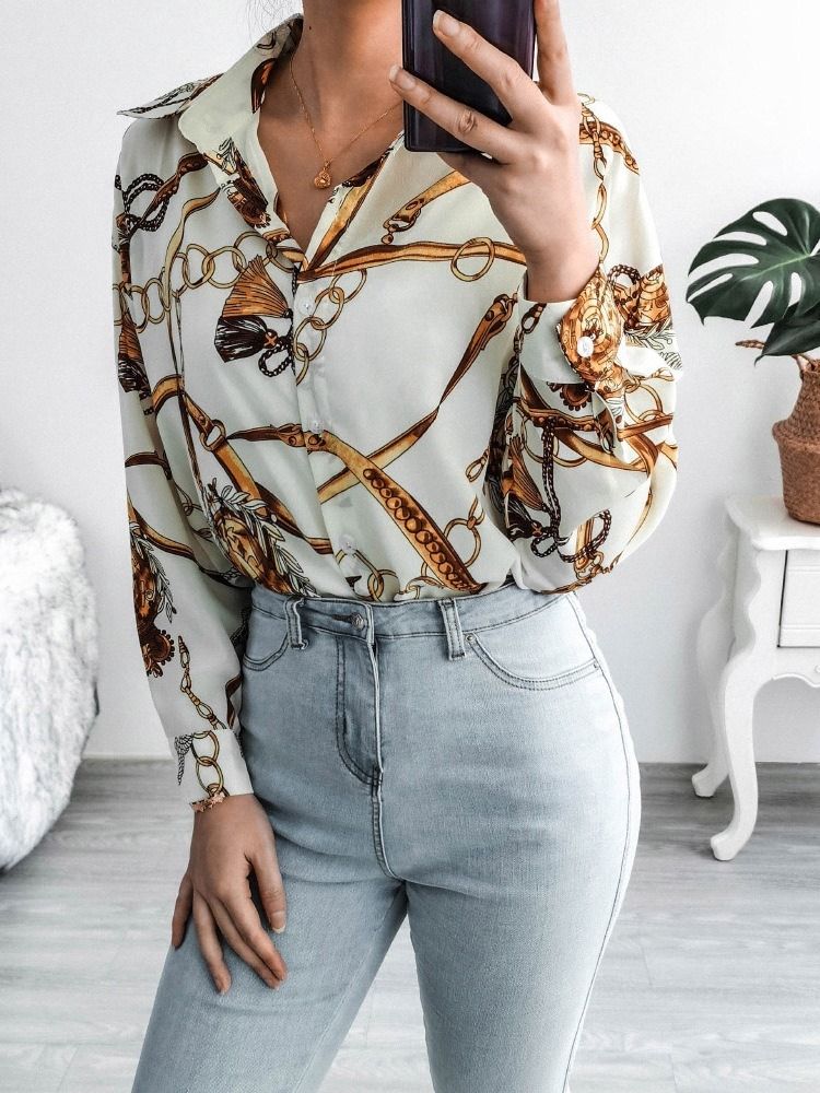 Blusa Feminina De Lapela Geométrica Regular De Manga Comprida De Comprimento Médio