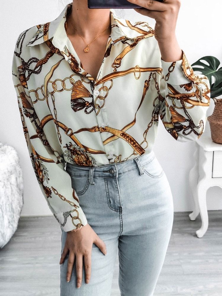 Blusa Feminina De Lapela Geométrica Regular De Manga Comprida De Comprimento Médio