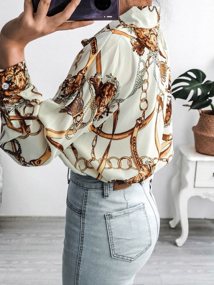 Blusa Feminina De Lapela Geométrica Regular De Manga Comprida De Comprimento Médio