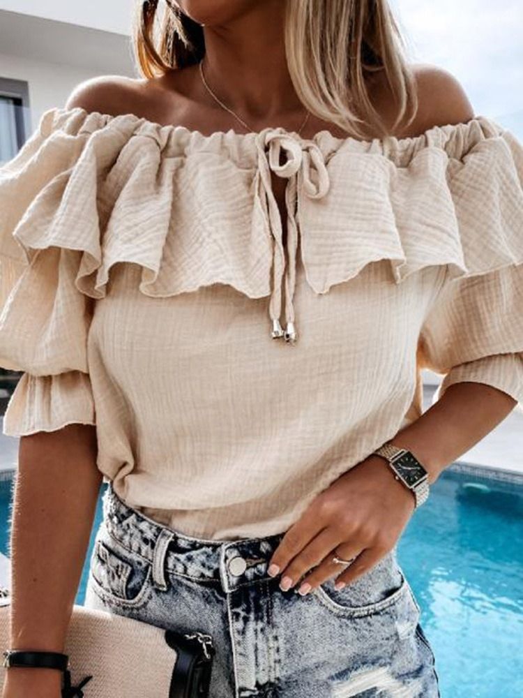 Blusa Feminina Lisa Sem Ombro Patchwork Padrão Meia Manga