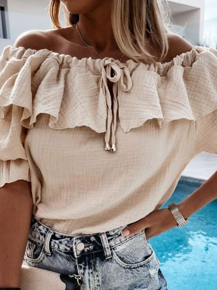 Blusa Feminina Lisa Sem Ombro Patchwork Padrão Meia Manga