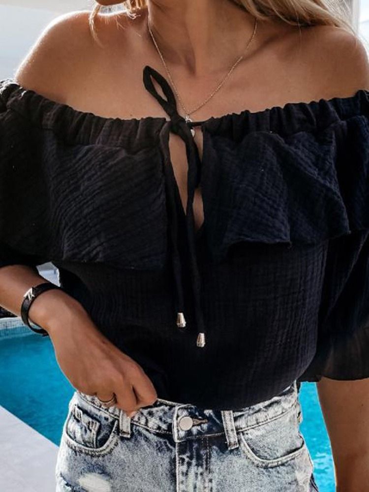 Blusa Feminina Lisa Sem Ombro Patchwork Padrão Meia Manga