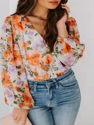 Blusa Feminina Padrão Com Decote Em V Estampado Floral Manga Longa
