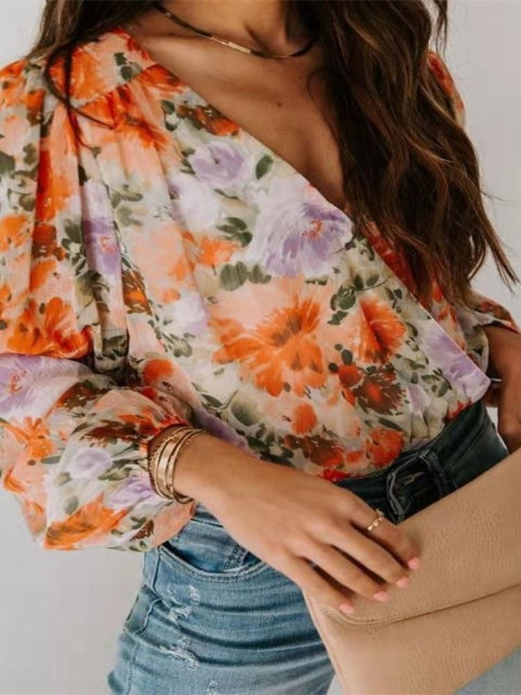 Blusa Feminina Padrão Com Decote Em V Estampado Floral Manga Longa