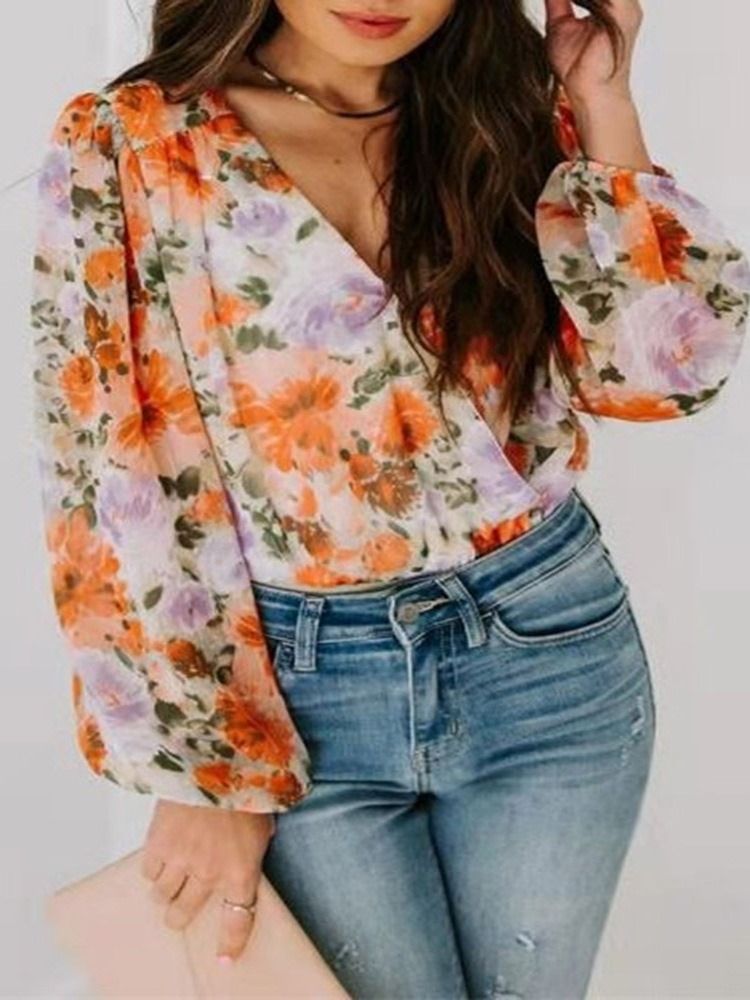 Blusa Feminina Padrão Com Decote Em V Estampado Floral Manga Longa