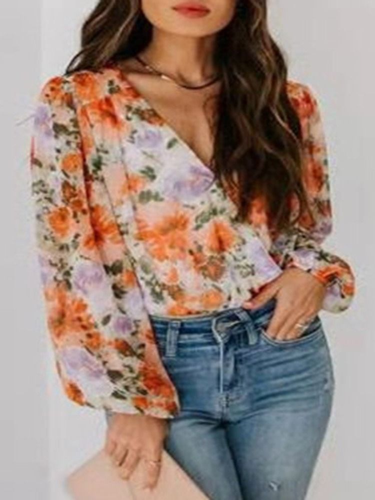 Blusa Feminina Padrão Com Decote Em V Estampado Floral Manga Longa