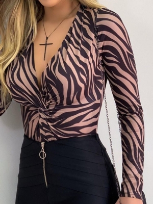 Blusa Feminina Padrão Com Decote Em V Leopardo Regular Manga Comprida