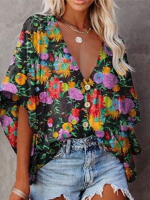 Blusa Feminina Padrão Floral Estampa Regular Com Meia Manga