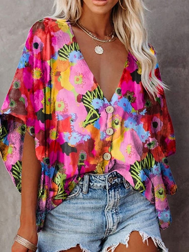Blusa Feminina Padrão Floral Estampa Regular Com Meia Manga