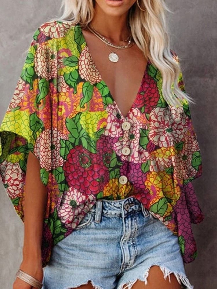 Blusa Feminina Padrão Floral Estampa Regular Com Meia Manga