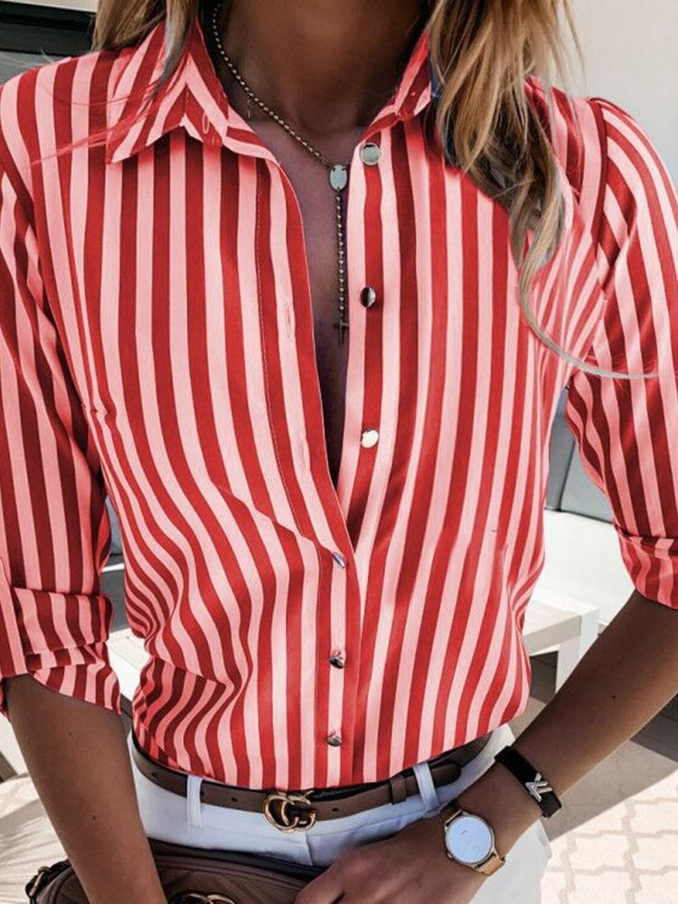 Blusa Feminina Padrão De Lapela Listrada Com Botão De Manga Comprida