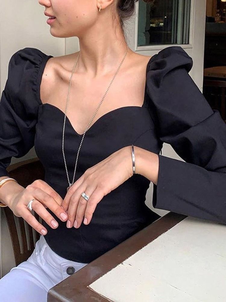 Blusa Feminina Padrão Plissada Quadrada Decote Liso Manga Comprida