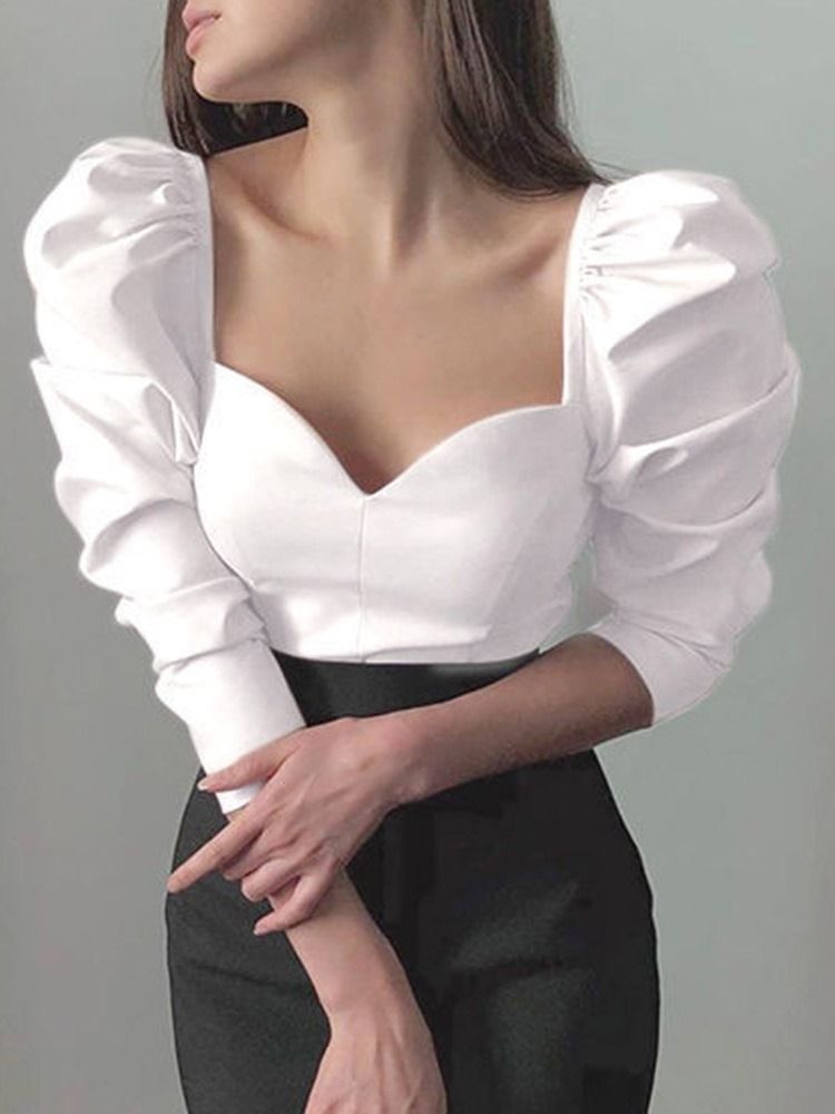 Blusa Feminina Padrão Plissada Quadrada Decote Liso Manga Comprida