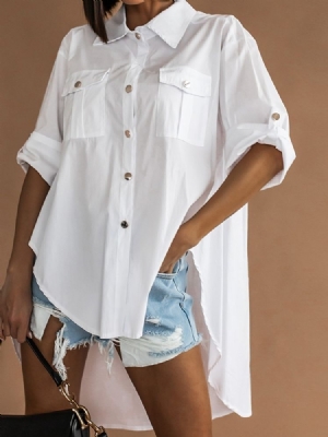 Blusa De Lapela Com Bolso Liso Feminino De Manga Longa Branca Longa