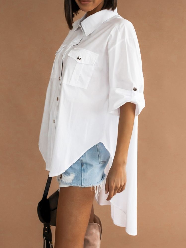 Blusa De Lapela Com Bolso Liso Feminino De Manga Longa Branca Longa