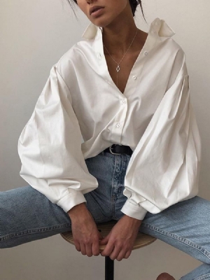 Blusa De Lapela Lisa Padrão Feminina De Manga Longa