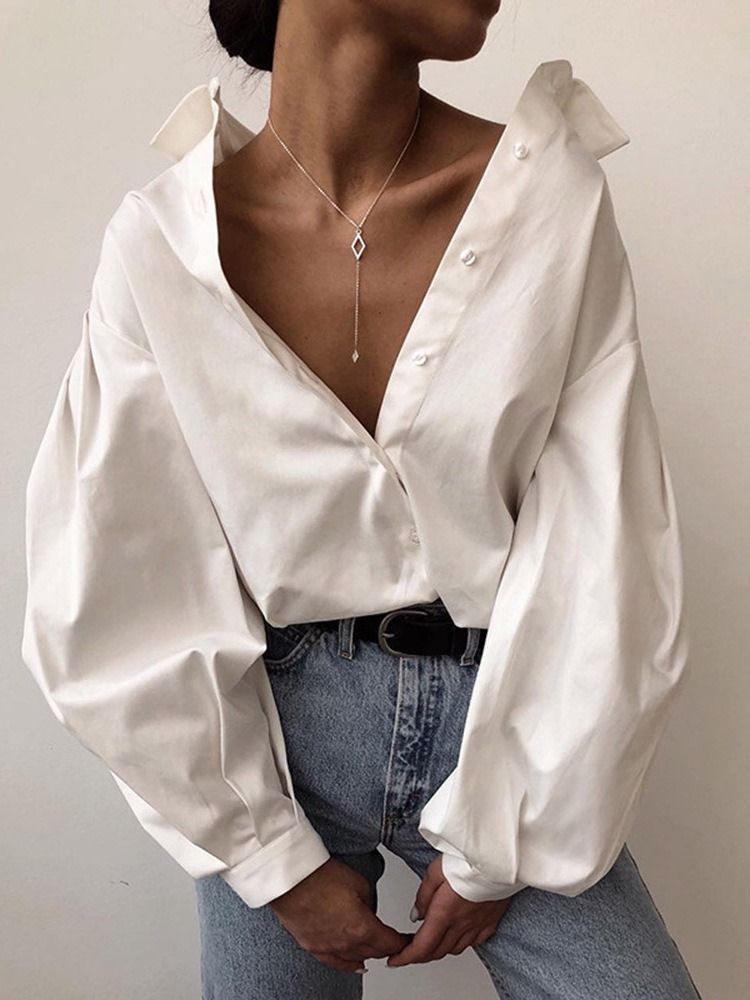 Blusa De Lapela Lisa Padrão Feminina De Manga Longa
