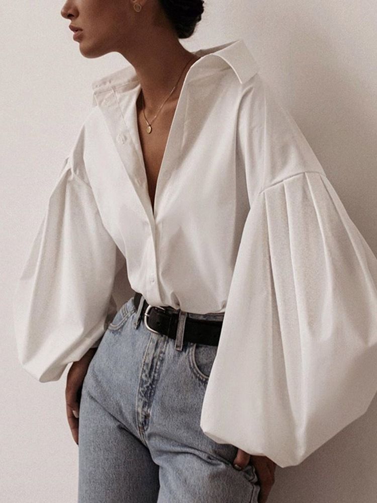 Blusa De Lapela Lisa Padrão Feminina De Manga Longa
