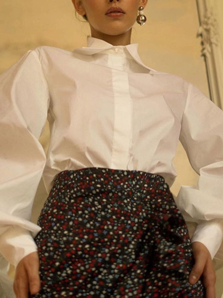 Blusa De Lapela Lisa Padrão Feminina De Manga Longa