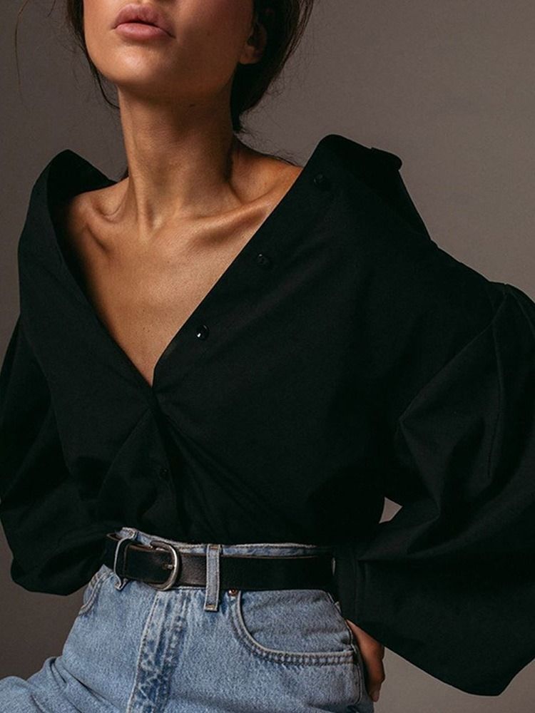 Blusa De Lapela Lisa Padrão Feminina De Manga Longa
