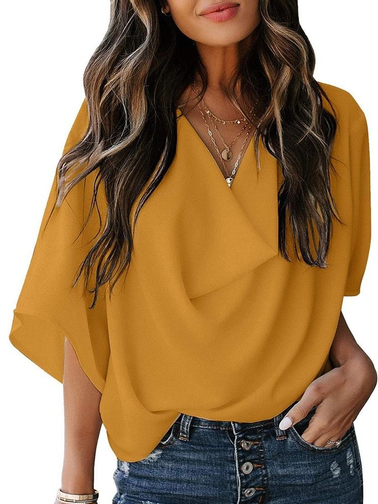 Blusa Larga Feminina Com Decote Em V Lisa Manga Três Quartos