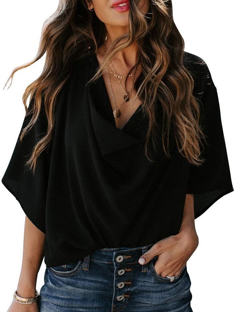 Blusa Larga Feminina Com Decote Em V Lisa Manga Três Quartos