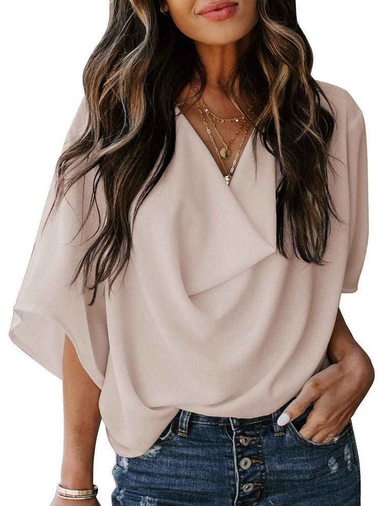 Blusa Larga Feminina Com Decote Em V Lisa Manga Três Quartos