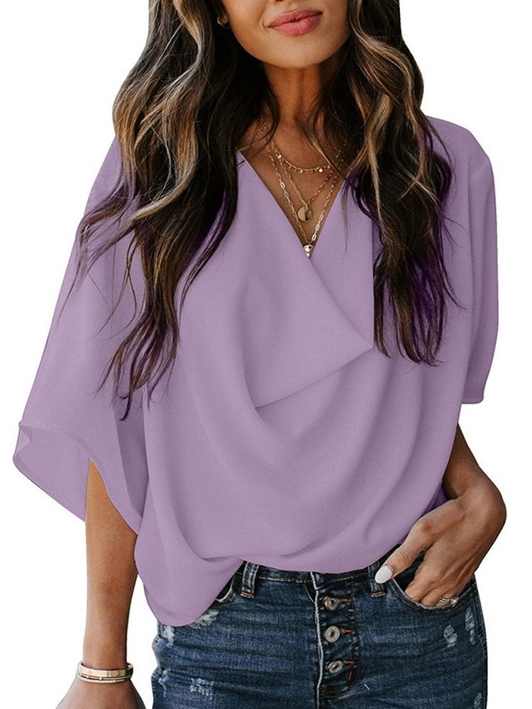 Blusa Larga Feminina Com Decote Em V Lisa Manga Três Quartos
