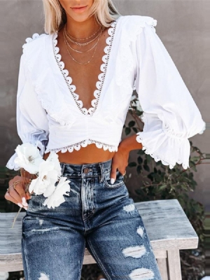Blusa Lisa Com Decote Em V Feminina Branca De Manga Curta Curta Três Quartos