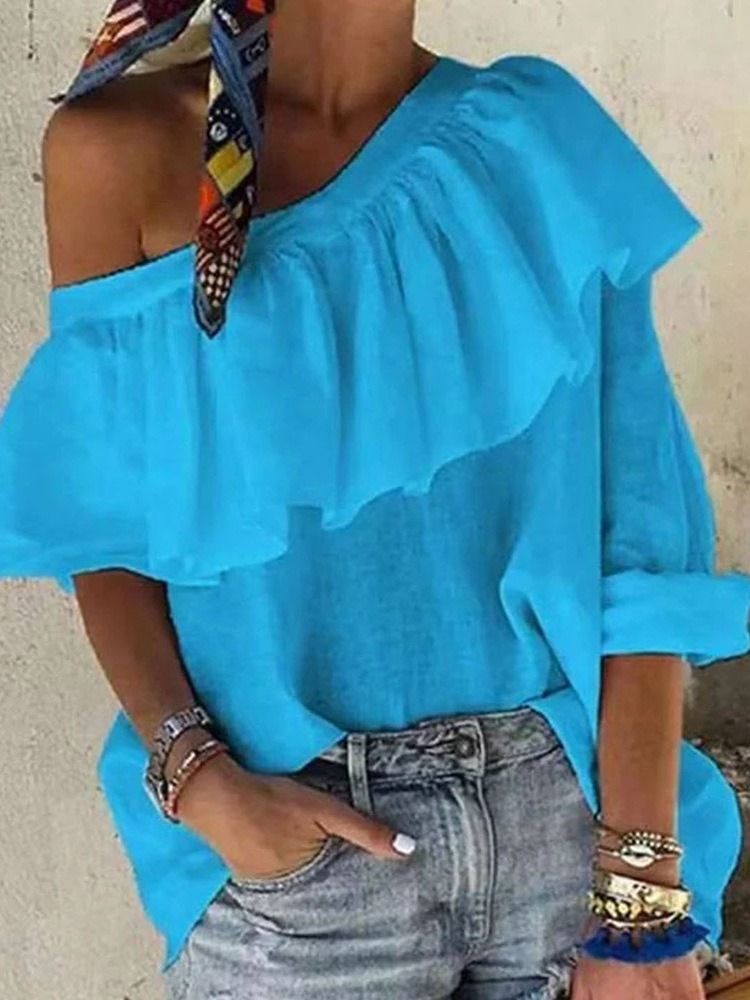 Blusa Lisa De Falbala Oblíqua Com Colarinho Padrão De Manga Comprida Feminina