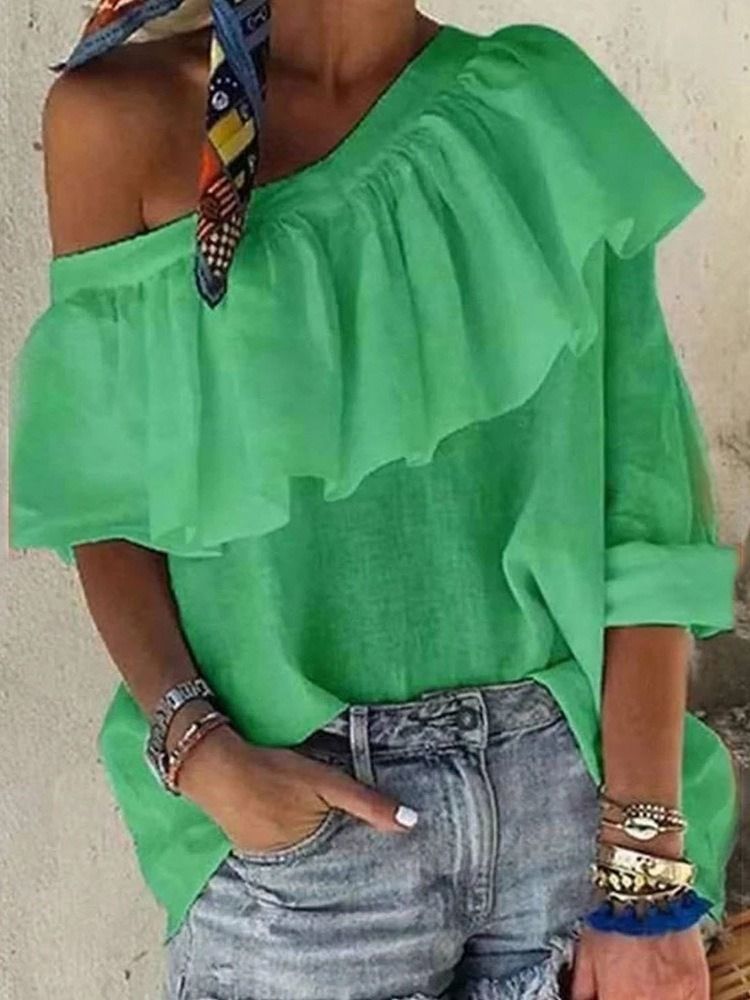Blusa Lisa De Falbala Oblíqua Com Colarinho Padrão De Manga Comprida Feminina