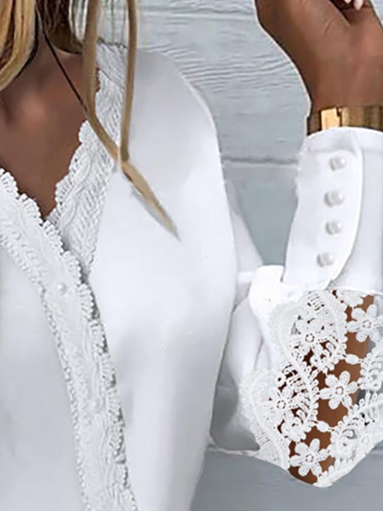 Blusa Lisa Feminina Branca Com Decote Em V Oco De Manga Comprida