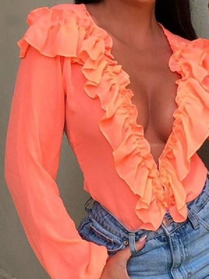 Blusa Lisa Feminina Com Decote Em V Pregueada Longa Manga Comprida Padrão