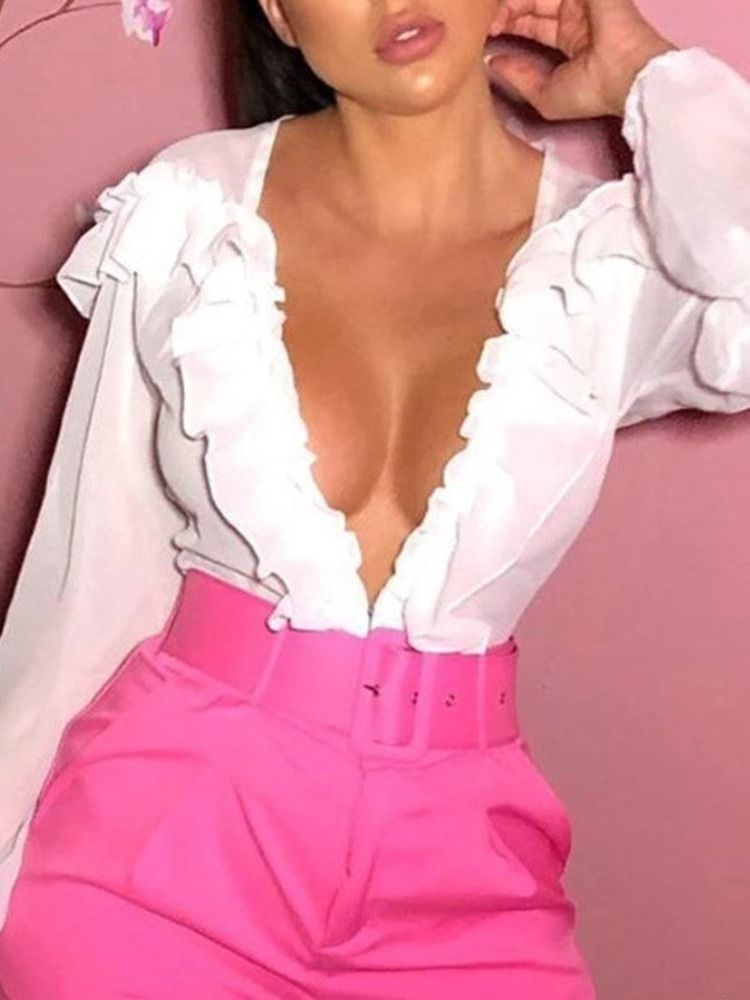 Blusa Lisa Feminina Com Decote Em V Pregueada Longa Manga Comprida Padrão