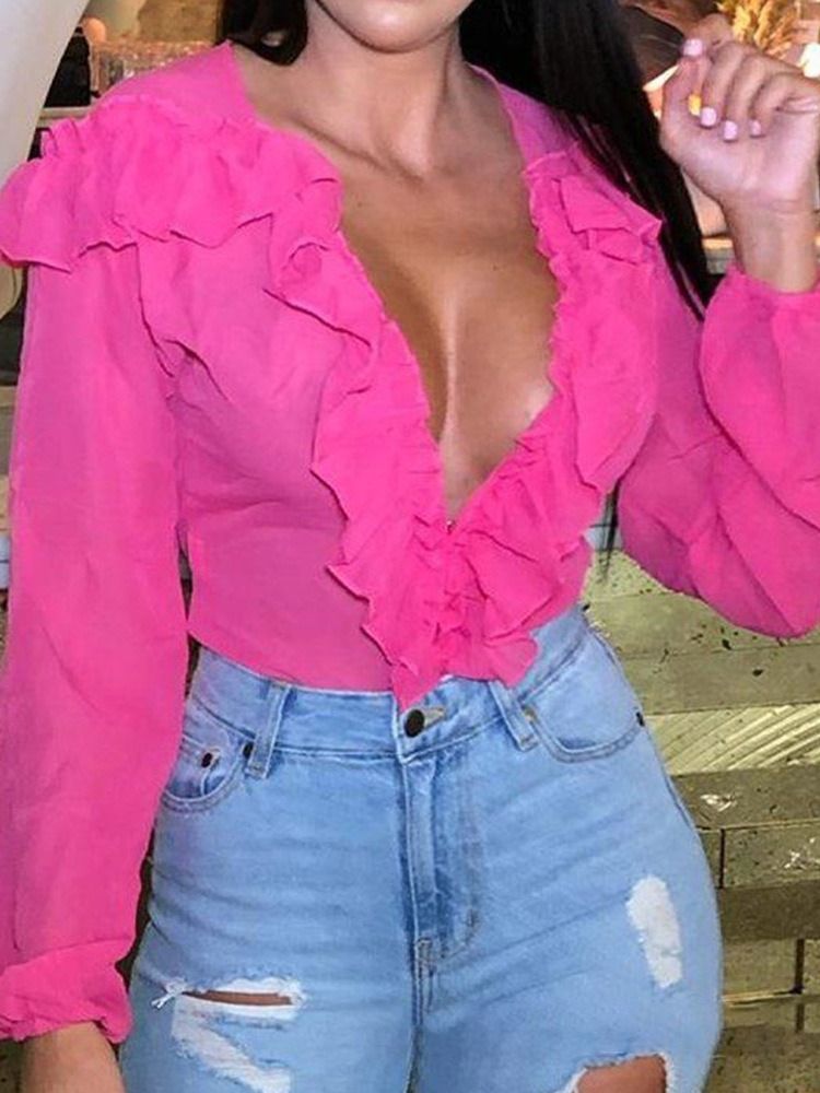 Blusa Lisa Feminina Com Decote Em V Pregueada Longa Manga Comprida Padrão