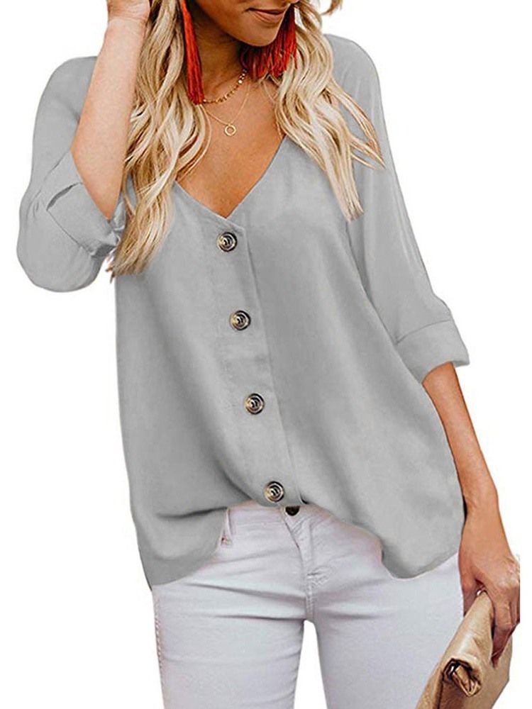 Blusa Lisa Feminina Com Decote Em V Com Três Quartos De Manga Padrão