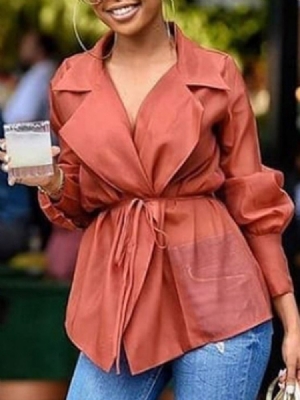 Blusa Lisa De Lapela Lanterna Manga Longa De Comprimento Médio Feminino