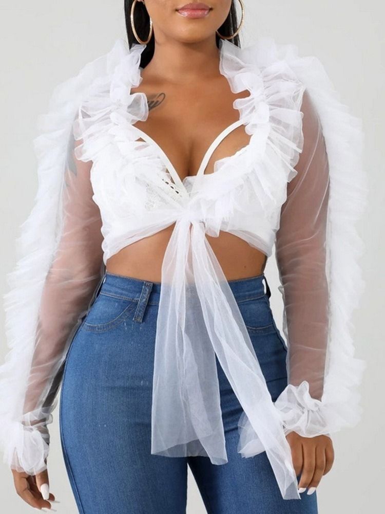 Blusa De Manga Comprida Feminina Justa Selvedge Lisa Com Decote Em V Curta